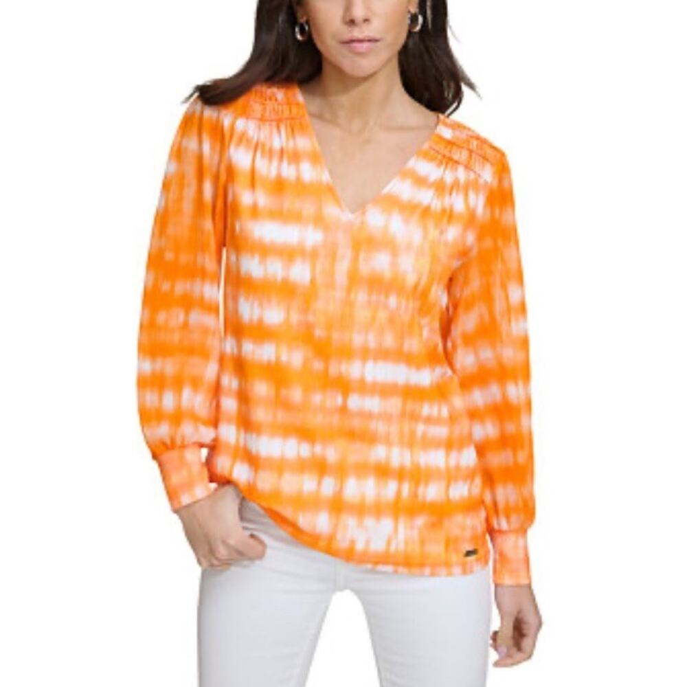 Calvin Klein Women’s Roll Tab Sleeves Blouse V Neck Orange White Size XS